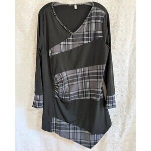 Plaid Colorblock Tunic Top XL Black Gray Asymmetric Long Sleeve Fall Flannel